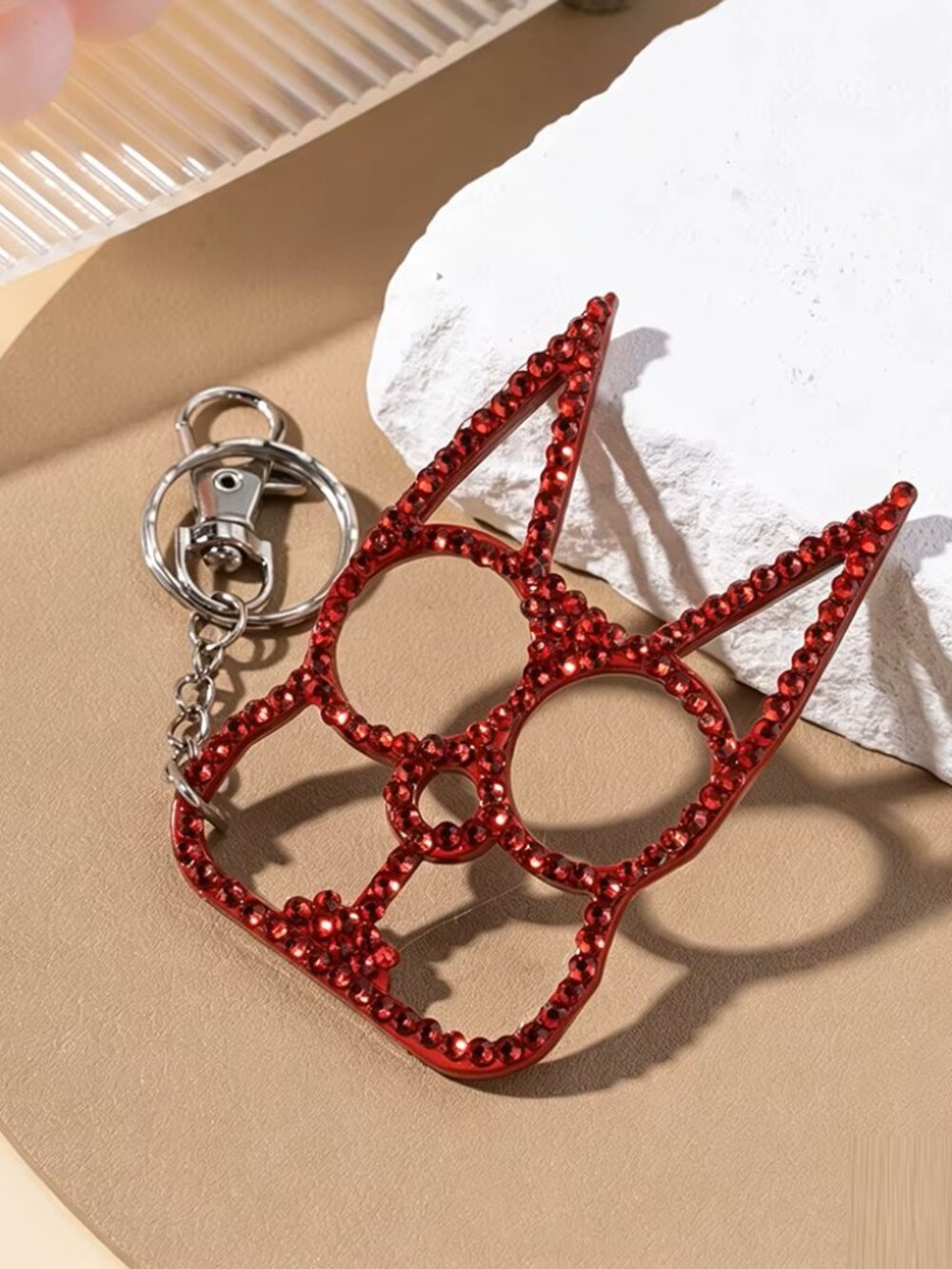 Red Rhinestone Kitty Cat Ear Self Defense Keychain Bottle Opener🔑🐱
